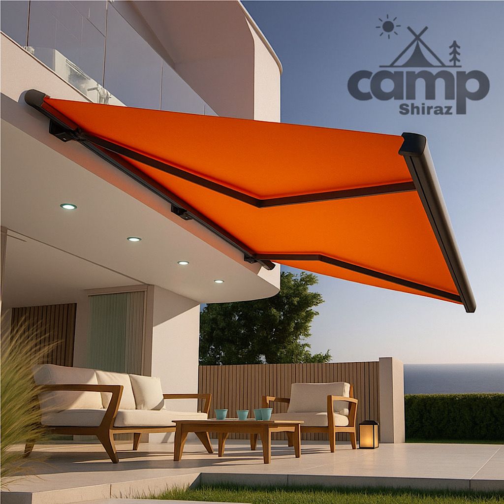 سایبان بازویی برقی اسکلت سبک شیراز کمپ